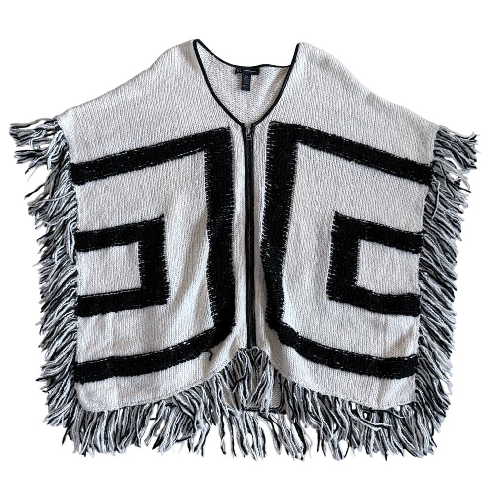 INC color block knit zip-up fringe poncho sweater cream/black size small/medium